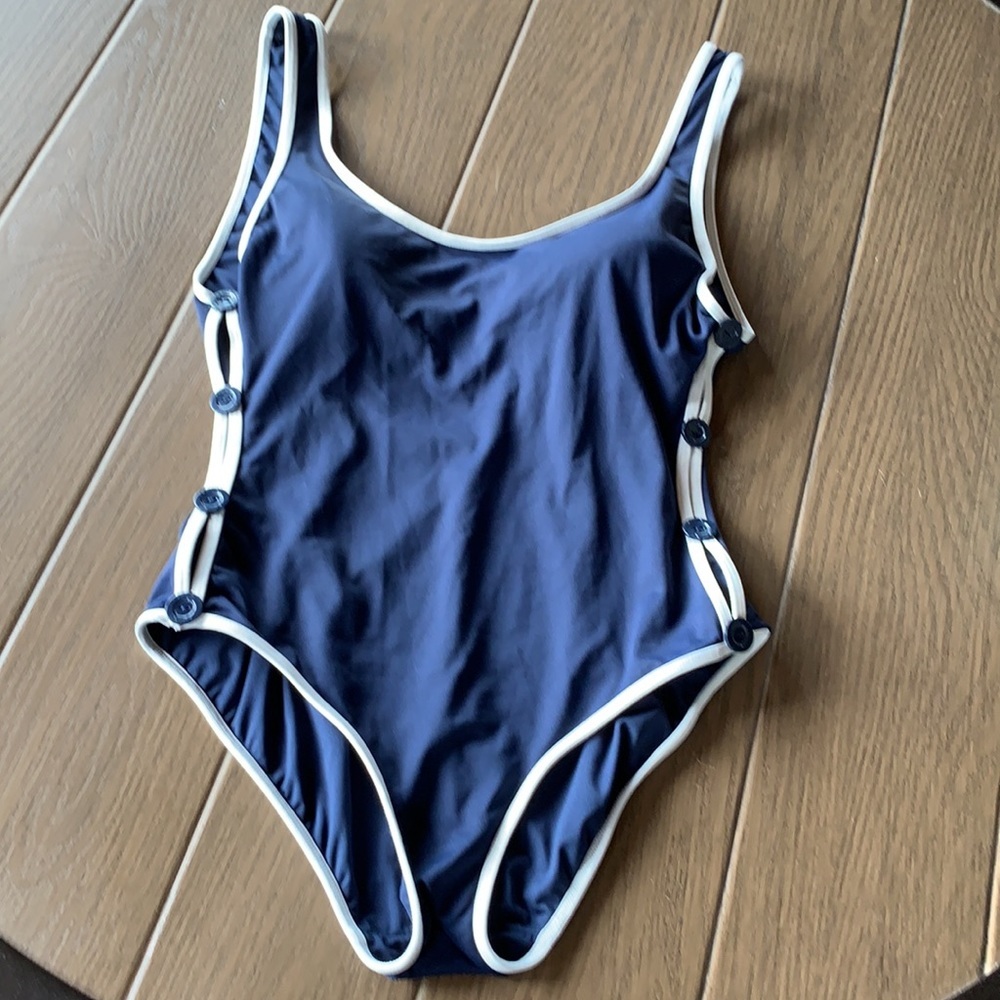 Donna Karan Navy Blue One-Piece Swimsuit with White Trim